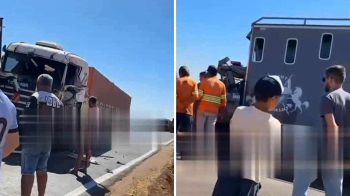 Policial Militar fica ferido em grave acidente com quatro carretas na BR-163, em Nova Mutum